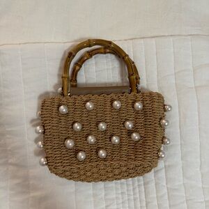 Pearl-Embellished Tan Woven Bag